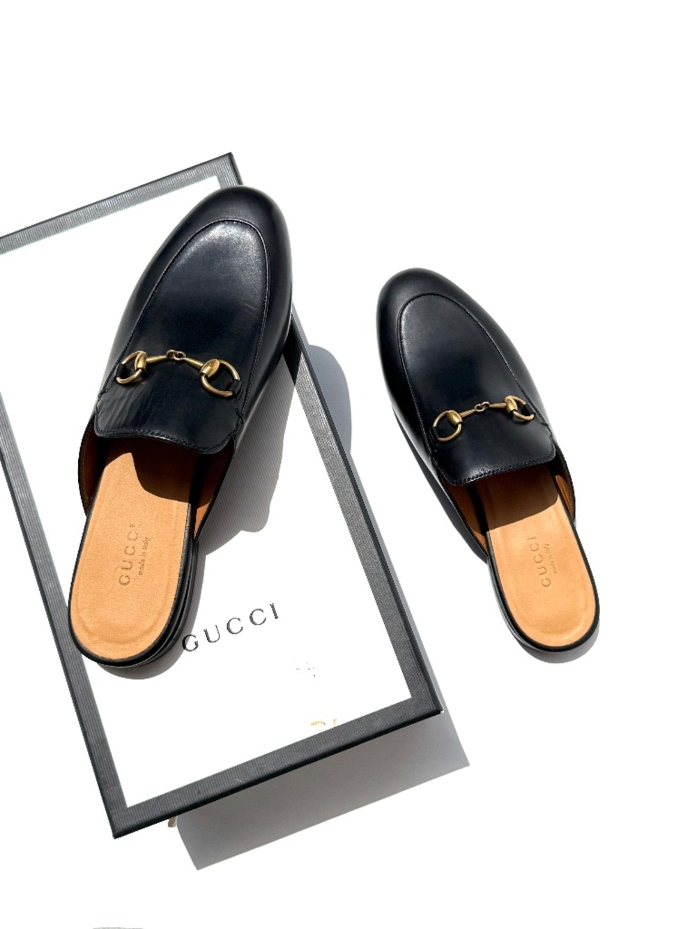 GUCCI Princetown Horsebit Accent Black Leather Slipper Mules 37 7 New